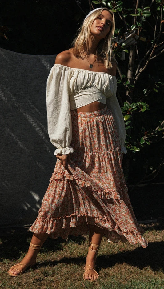 Antmvs White Crop Top and Floral Skirt Sets