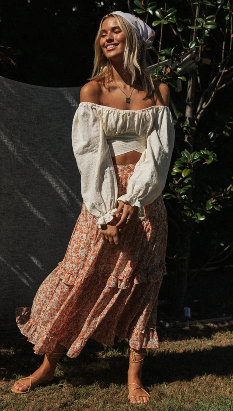 Antmvs White Crop Top and Floral Skirt Sets