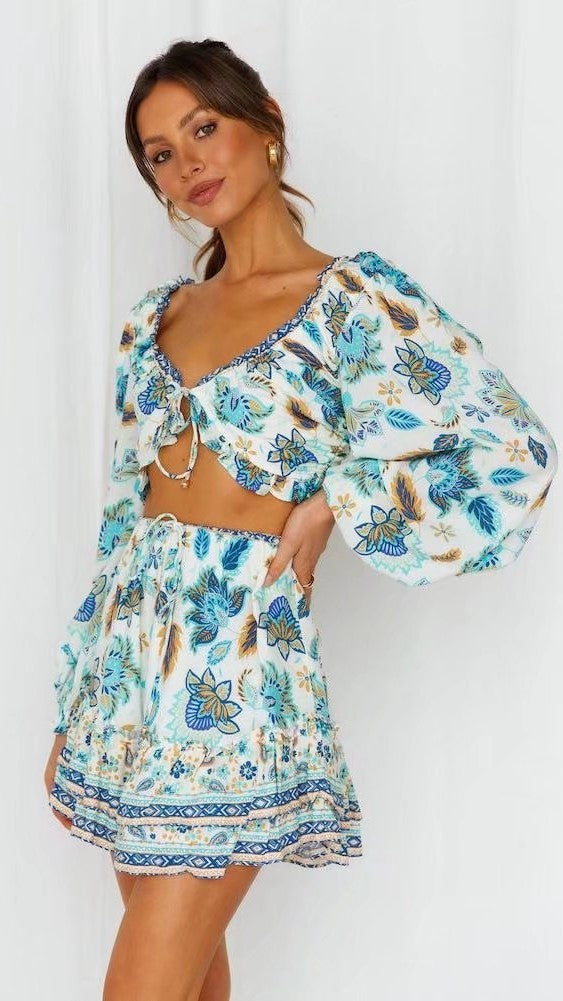 Antmvs Boho Floral Crop Top and Skirt Sets