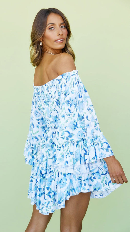 Antmvs Blue Floral Off Shoulder Romper