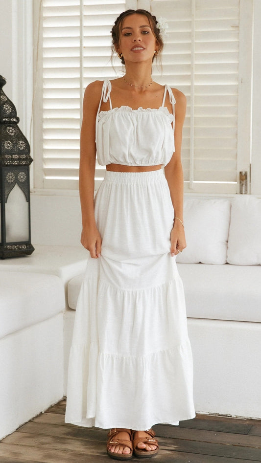 Antmvs White Shoulder Tie Top and Skirt Sets