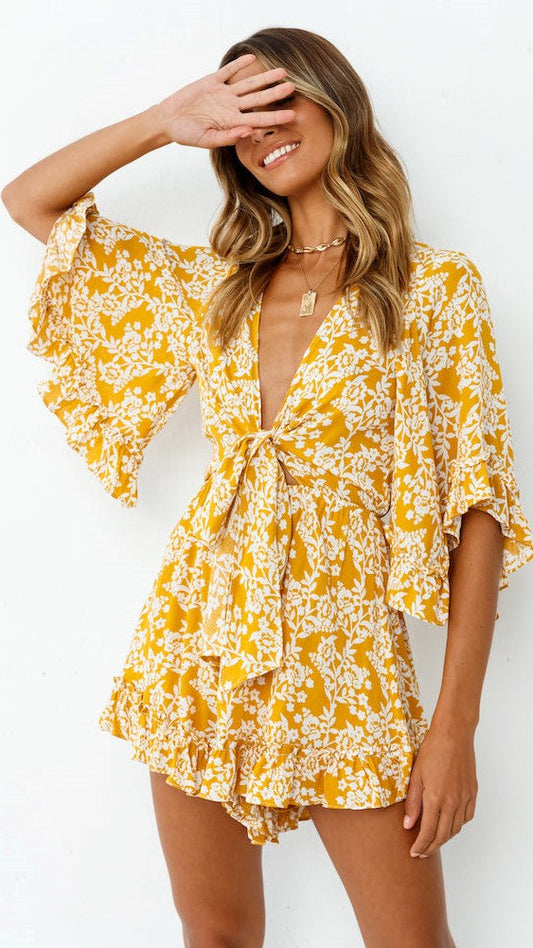 Antmvs Yellow Floral Front Knot Romper