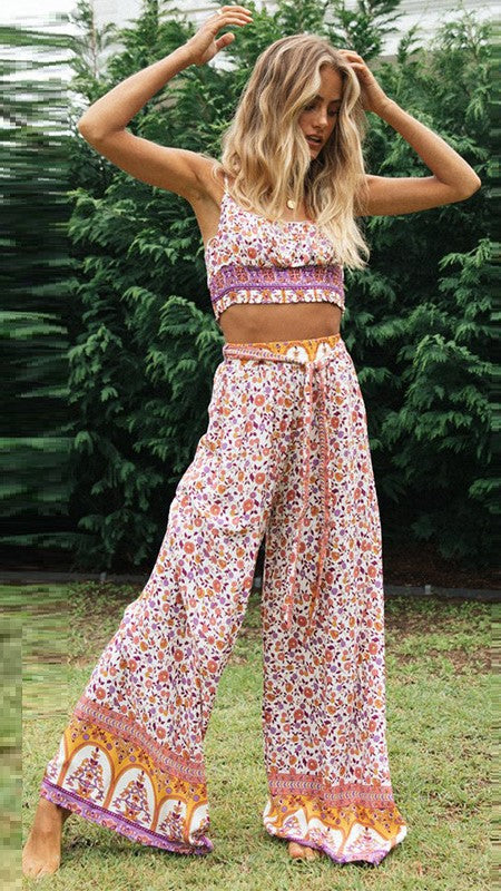 Antmvs Purple Floral Crop Top and Pants Matching Sets