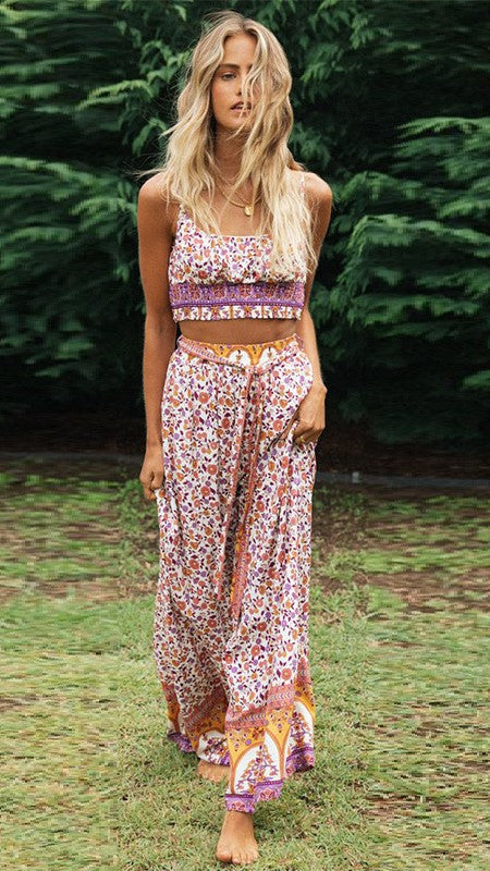 Antmvs Purple Floral Crop Top and Pants Matching Sets