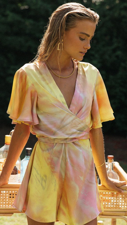 Antmvs Marbled Tie Dye Wrap Romper Yellow/Pink