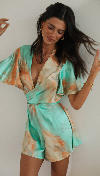 Antmvs Marbled Tie Dye Wrap Romper Aqua/Orange