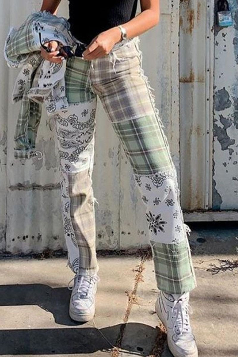 Antmvs Vintage Patchwork Denim Burrs Pants