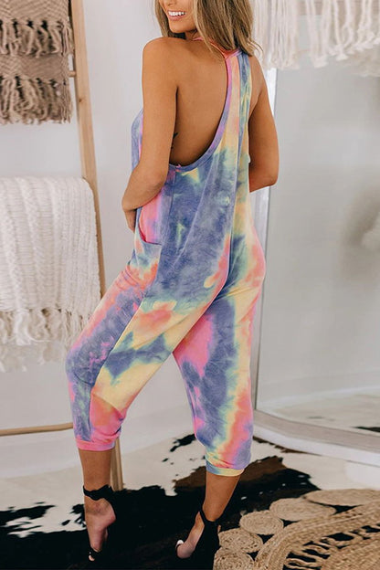 Antmvs Tie Dye Strap V-Neck Sleeveless Jumpsuit