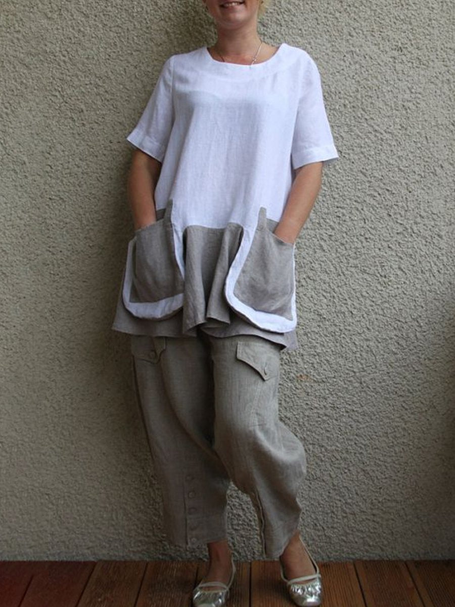 Antmvs Cotton And Linen Short Sleeve Big Pocket Women's Suit