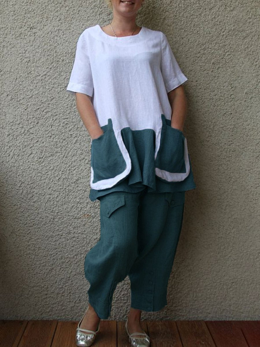 Antmvs Cotton And Linen Short Sleeve Big Pocket Women's Suit