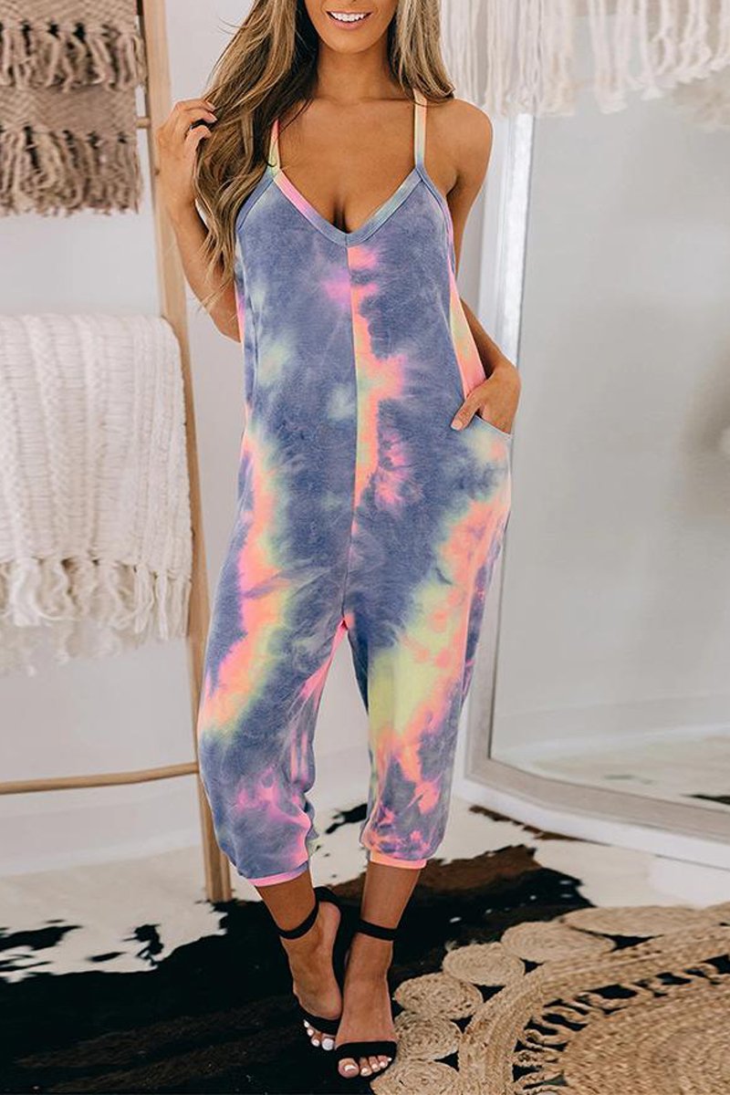 Antmvs Tie Dye Strap V-Neck Sleeveless Jumpsuit