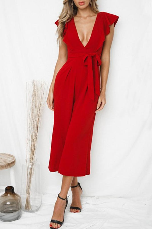 Antmvs Deep V-Neck Ruffle Belted Wide Leg Casual Jumpsuit