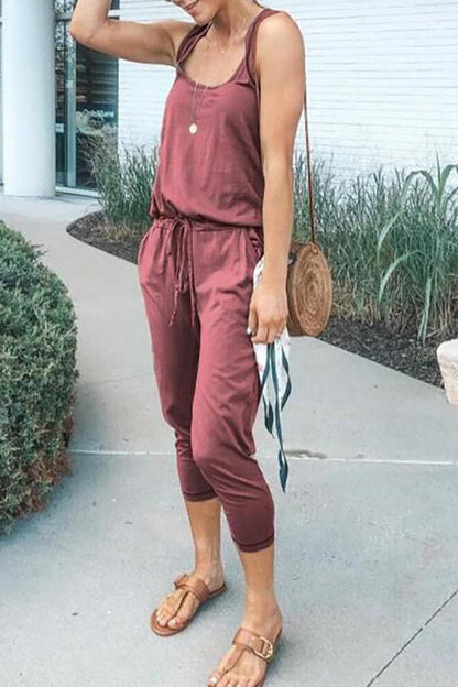 Antmvs Sleeveless Drawstring Waist Solid Jumpsuit