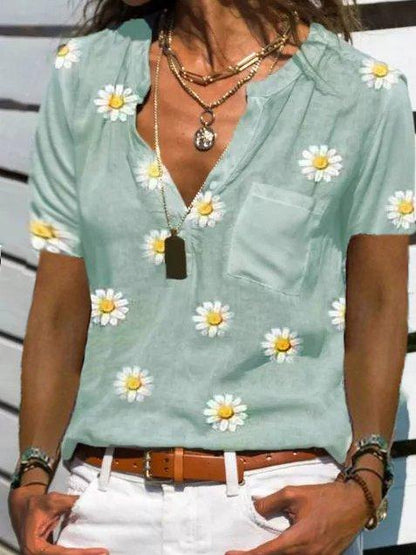 Short Sleeve Stand Collar Casual Floral Shirts & Tops