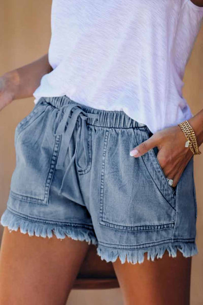 Antmvs Lace-up Fringed Thin Denim Shorts