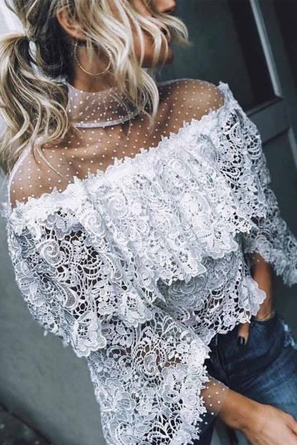 Mesh Stitching Irregular Lace Hollow Tops