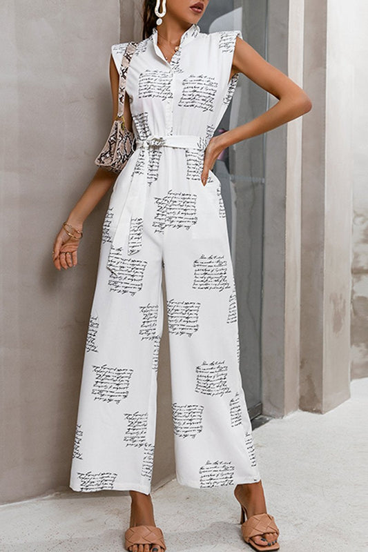 Antmvs Sleeveless Letter Print With Belt Jumpsuit