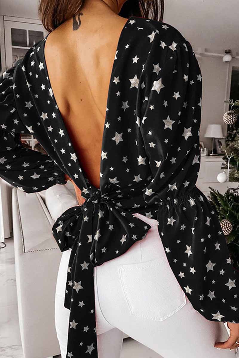 Loose Solid Color Long Sleeve Open Back Small Broken Star Print Tops