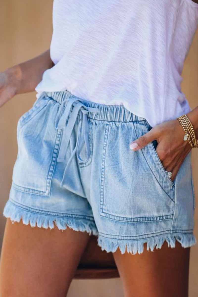 Antmvs Lace-up Fringed Thin Denim Shorts