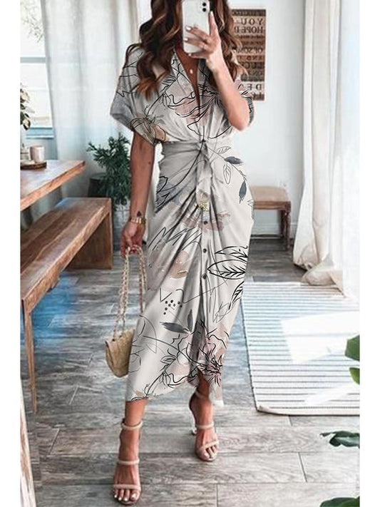 Print Satin Pleated Classy Bandage Shirt Dress