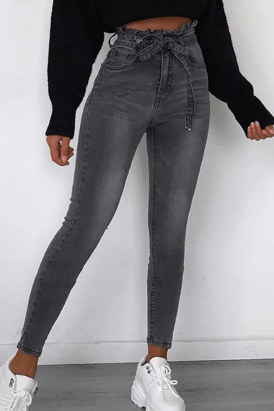 Antmvs Solid Paperbag Waist Denim Pants