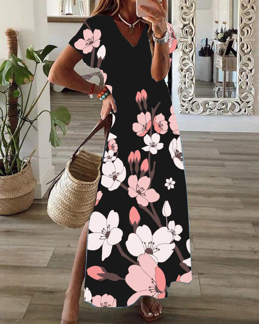 Casual Floral Print V-Neck Short Sleeve Hem Slit Maxi Dress