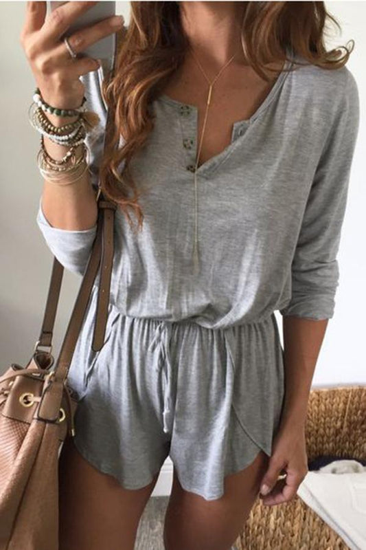 Antmvs Solid Color Button Belted Casual Romper