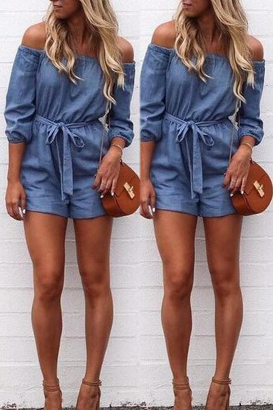 Antmvs Off The Shoulder Denim Romper With Belt