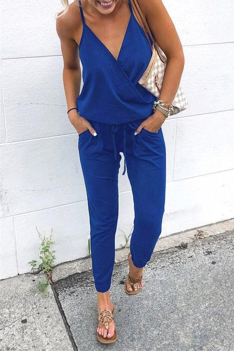 Antmvs Spaghetti Straps V Neck Drawstring Jumpsuit