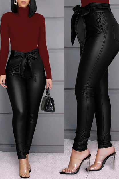 Antmvs Paperbag Waist Faux Leather Pants