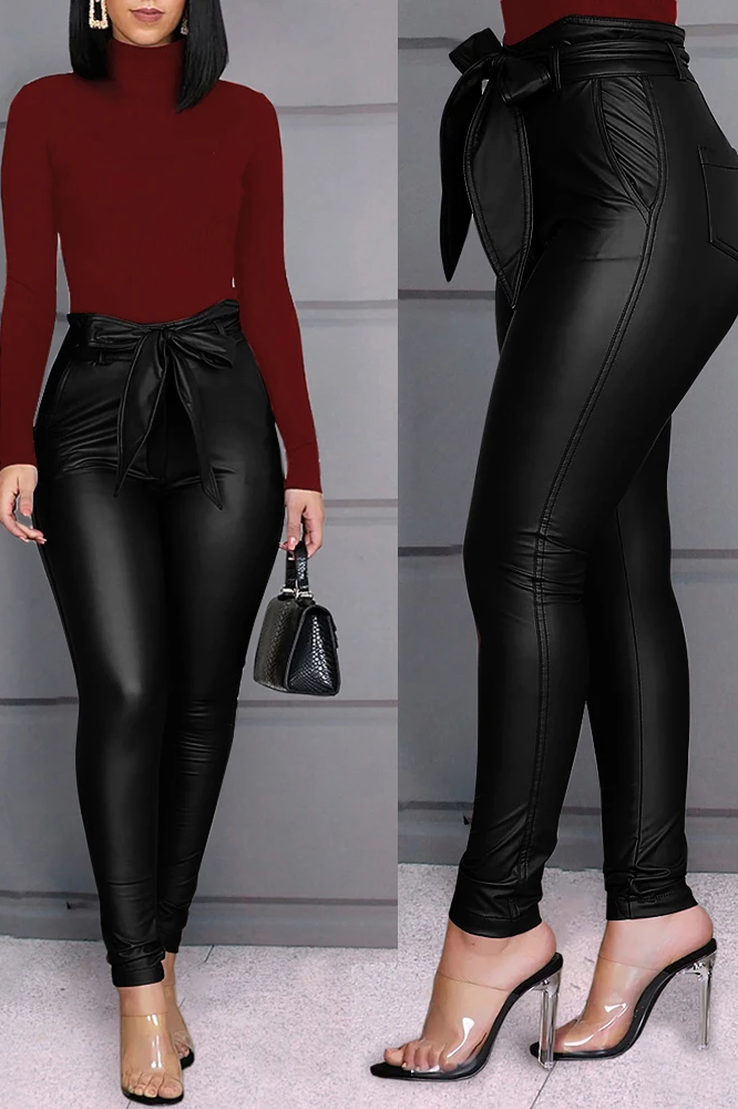 Antmvs Paperbag Waist Faux Leather Pants