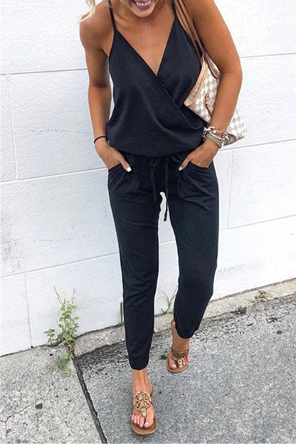 Antmvs Spaghetti Straps V Neck Drawstring Jumpsuit