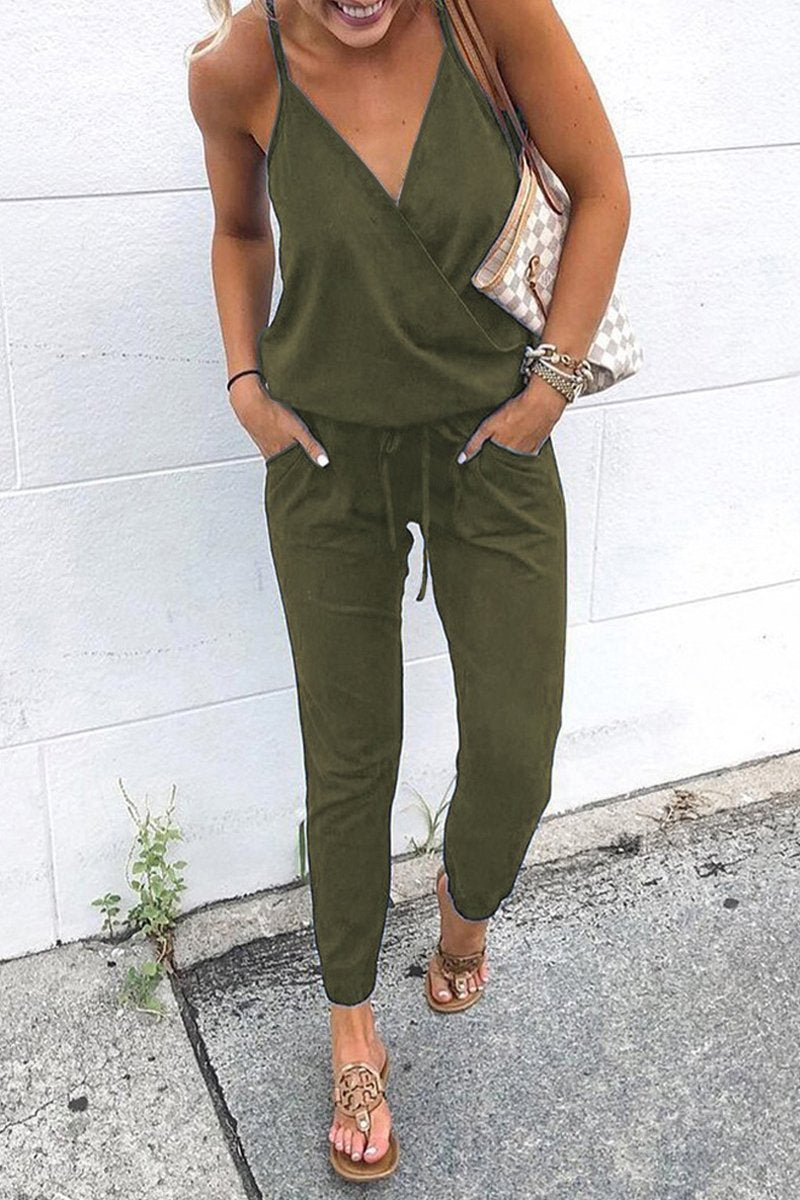 Antmvs Spaghetti Straps V Neck Drawstring Jumpsuit