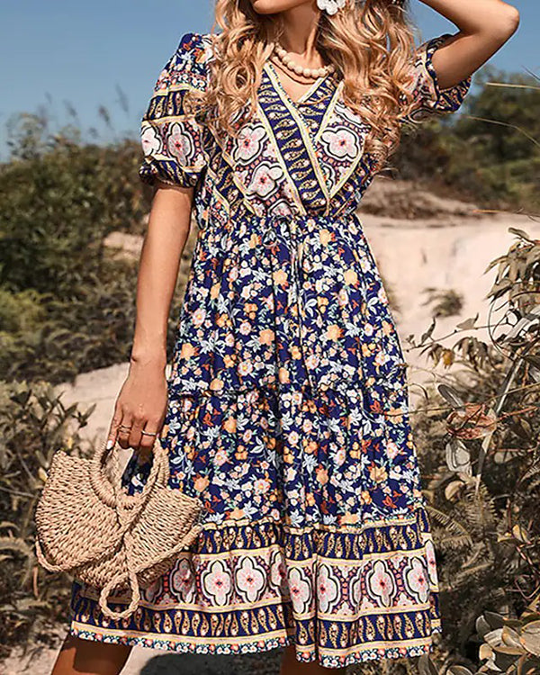 Casual Vintage Boho V-Neck Print Dress