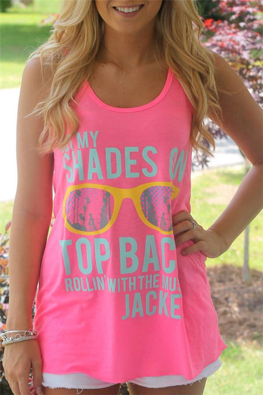 Antmvs Letter Print Round Neck Neon Pink Tank Top