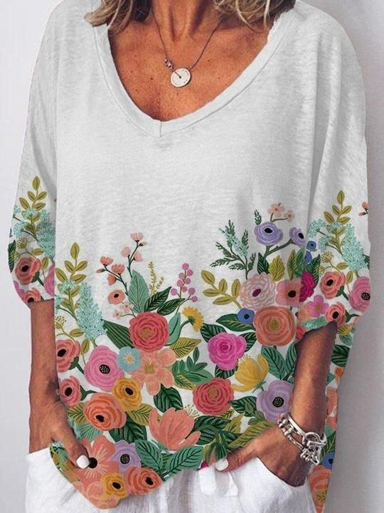 Floral-Print Half Sleeve V Neck Floral Shirts & Tops