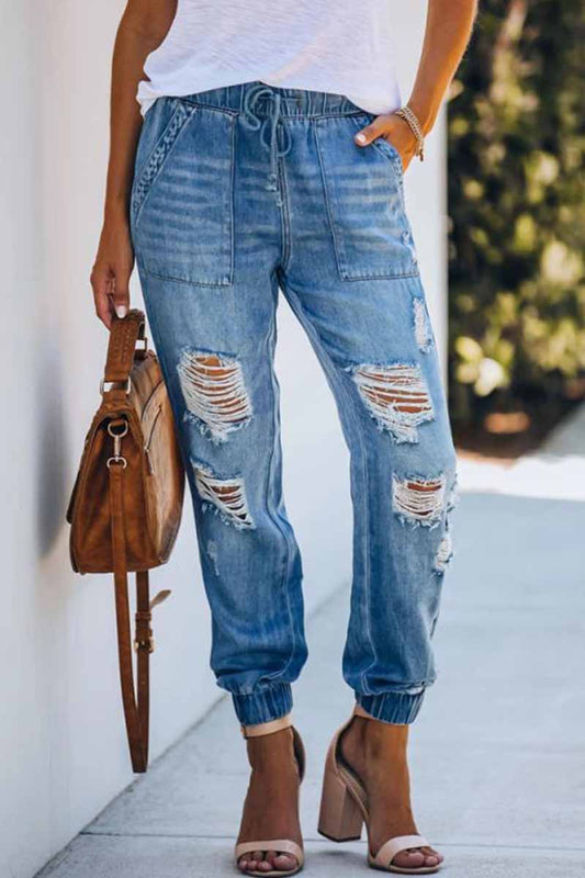 Antmvs Adjustable Waist Ripped Loose Jeans