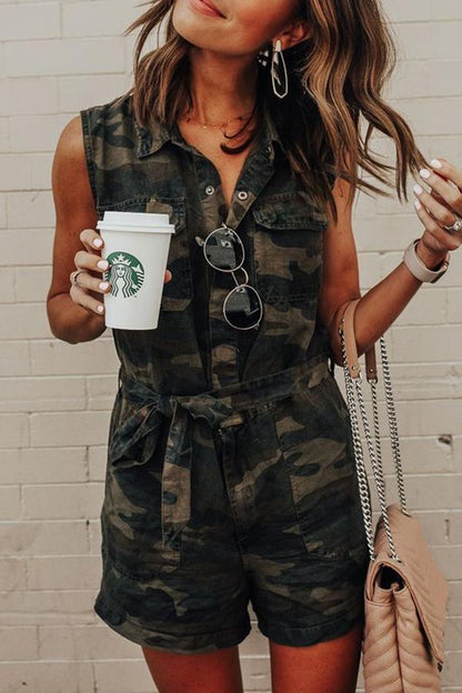 Antmvs Denim Camouflage Print V-Neck Romper(With Belt)