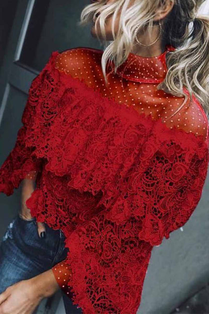 Mesh Stitching Irregular Lace Hollow Tops