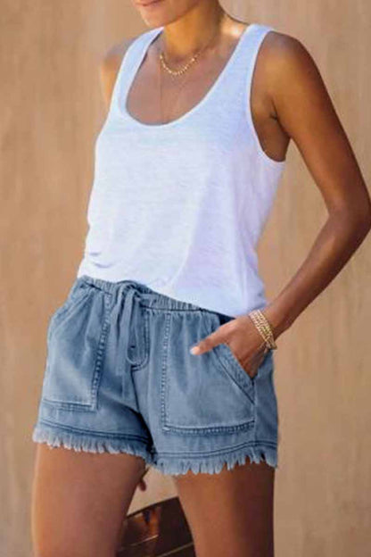 Antmvs Lace-up Fringed Thin Denim Shorts