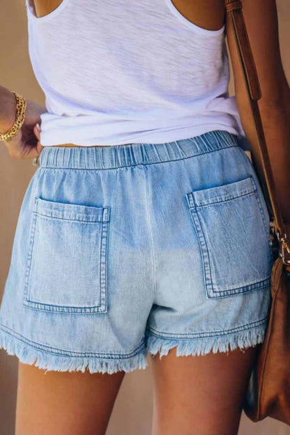 Antmvs Lace-up Fringed Thin Denim Shorts