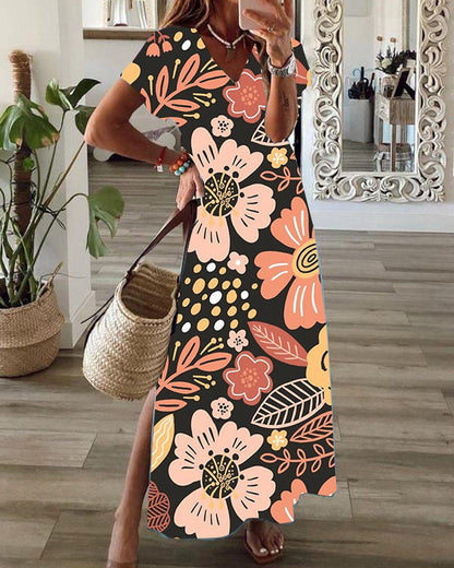 Casual Floral Print V-Neck Short Sleeve Hem Slit Maxi Dress