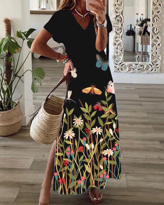 Casual Floral Print V-Neck Short Sleeve Hem Slit Maxi Dress