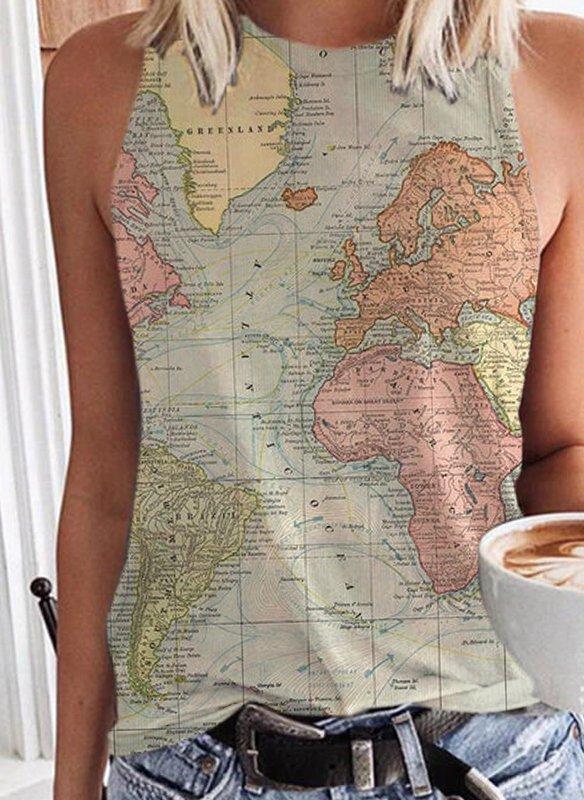 World Map Casual Sleeveless Women Vests
