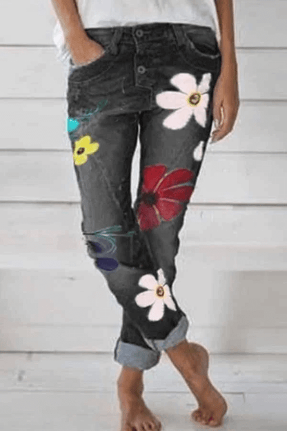 Antmvs Casual Wear Flower Print Regular Fit Jeans