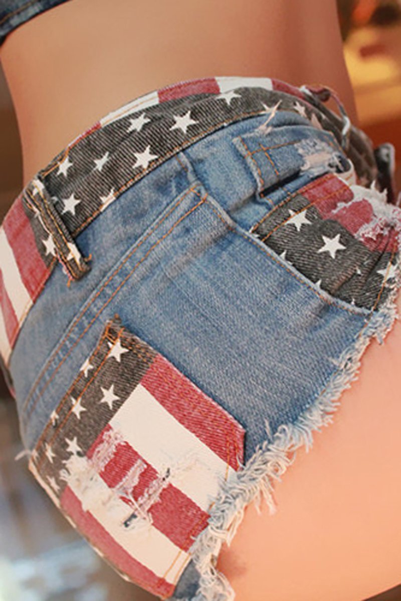 Antmvs Low Waist Denim Ripped Flag Shorts