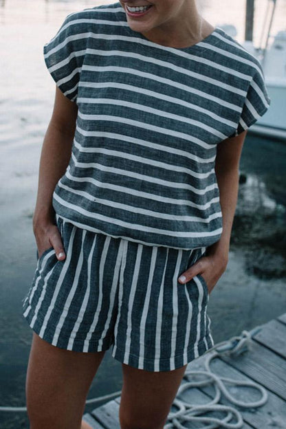 Antmvs Round Neck Stripe Short Sleeve Contracted Style Romper