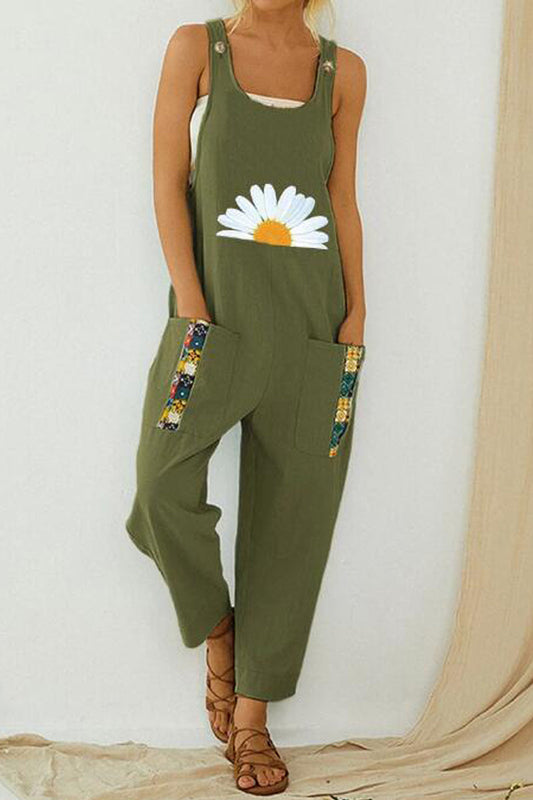 Antmvs Flower Printed Plus Size Pocket Jumpsuit