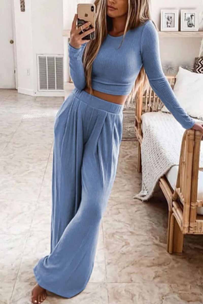 Antmvs Two-Piece Round Neck Solid Color Long Sleeves Wide Legs(4 Colors)
