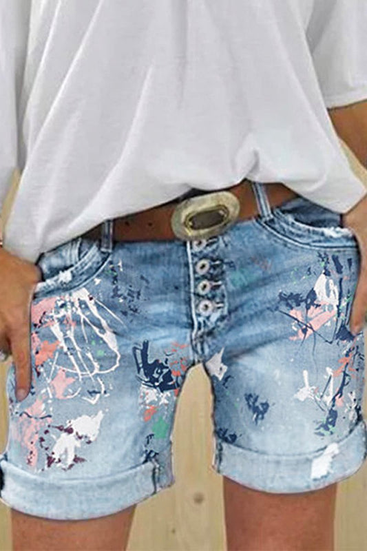 Antmvs Plus Size Denim Printed Shorts Without Belt